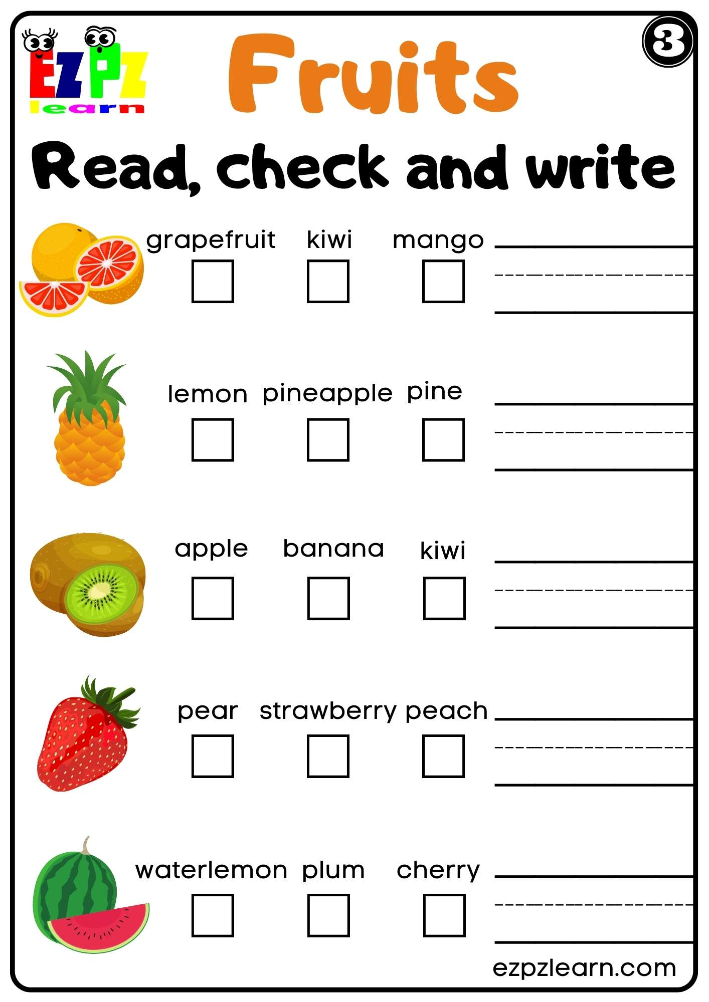 Fruits Read Check and Write Worksheet Set 3 for K5 Kindergarten and ESL